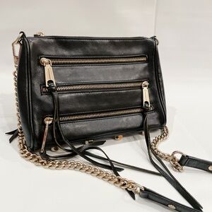 Rebecca Minkoff Black Leather Moto Crossbody Bag | Chain Strap Purse Mini 5 Zip